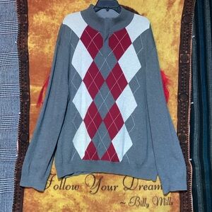 TASSO ELBA-mens gray diamond plaid cotton long sleeve 1/4-zip turtleneck sweater